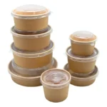 Free Disposal Take Out Kraft Paper Bowl Aquous Coating Plastic with Plastic Lids Top Diameter 220mm Craft Paper Disposable