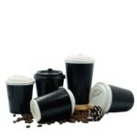 Plastic Free Aqueous Coating Flexio Printing Embossed Black Triple Wall Double Base Coffee Paper Cup